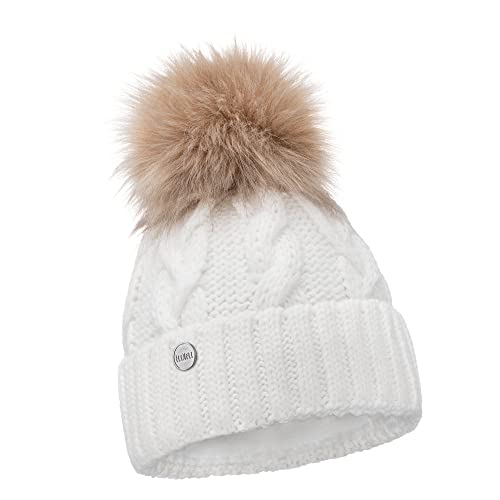 ELIMELI® Winter Mütze Damenmütze mit Fell-Bommel Fleece Innenfutter gefüttert - warme Damen Bommelmütze Strickmütze - Wintermütze mit Kunstfell Bommel - Slouch Strick Beanie Made in EU (weiß) von ELIMELI