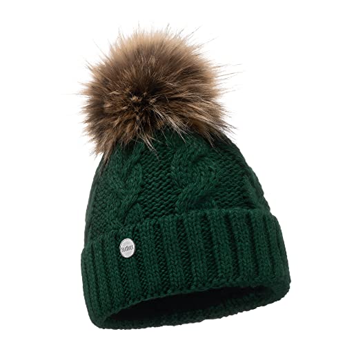 ELIMELI® Winter Mütze Damenmütze mit Fell-Bommel Fleece Innenfutter gefüttert - warme Damen Bommelmütze Strickmütze - Wintermütze mit Kunstfell Bommel - Slouch Strick Beanie Made in EU (dunkelgrün) von ELIMELI