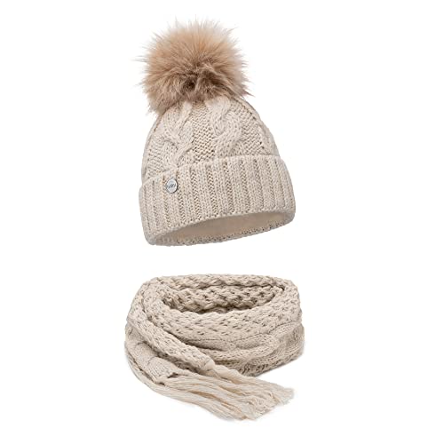 ELIMELI® Winter Mütze Schal Set Damenmütze mit Fell-Bommel Fleece Innenfutter - 2-teilig Damen Winterset - Wintermütze und passender Schal Damenschal- Strickmütze gefüttert (Beige - Mütze mit Schal) von ELIMELI