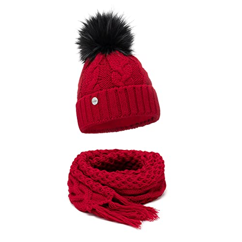 ELIMELI® Winter Mütze Schal Set Damenmütze mit Fell-Bommel Fleece Innenfutter - 2-teilig Damen Winterset - Wintermütze und passender Schal Damenschal- Strickmütze gefüttert (Rot - Mütze mit Schal) von ELIMELI