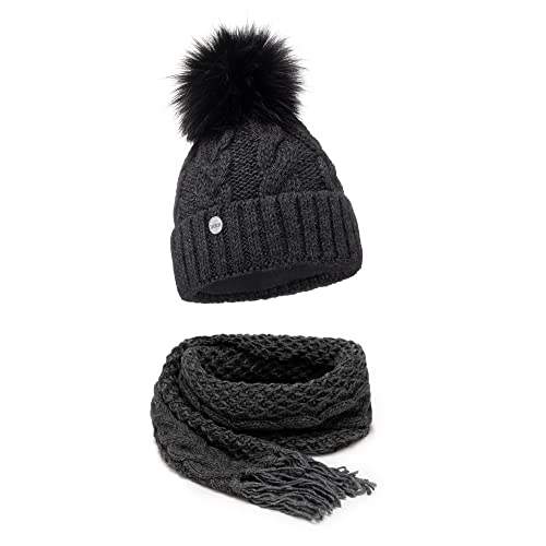 ELIMELI® Winter Mütze Schal Set Damenmütze mit Fell-Bommel Fleece Innenfutter - 2-teilig Damen Winterset - Wintermütze und passender Schal Damenschal- Strickmütze gefüttert - Made in EU (denkelgrau) von ELIMELI