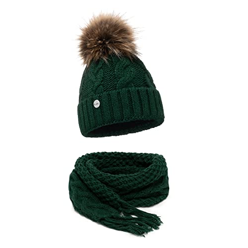 ELIMELI® Winter Mütze Schal Set Damenmütze mit Fell-Bommel Fleece Innenfutter - 2-teilig Damen Winterset - Wintermütze und passender Schal Damenschal- Strickmütze gefüttert - Made in EU (dunkelgrün) von ELIMELI