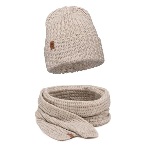 ELIMELI Damen Mütze - Beanie Strickmütze für Winter und Herbst - Slouch Strick Beanie für Frauen - warme weiche Strickmütze - Cuffed Beanie Hats - Farbenauswahl (Mütze mit Schal, Beige) von ELIMELI