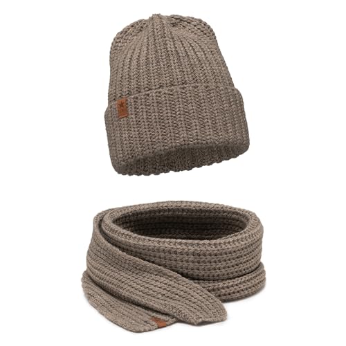 ELIMELI Damen Mütze - Beanie Strickmütze für Winter und Herbst - Slouch Strick Beanie für Frauen - warme weiche Strickmütze - Cuffed Beanie Hats - Farbenauswahl (Mütze mit Schal, Cappuccino) von ELIMELI