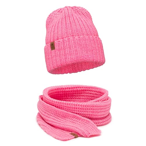 ELIMELI Damen Mütze - Beanie Strickmütze für Winter und Herbst - Slouch Strick Beanie für Frauen - warme weiche Strickmütze - Cuffed Beanie Hats - Farbenauswahl (Mütze mit Schal, Fuchsia) von ELIMELI