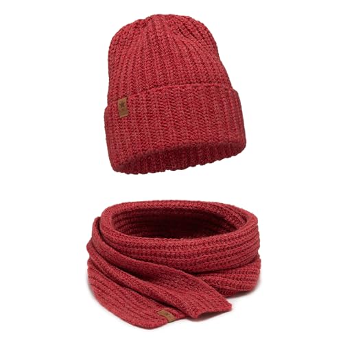 ELIMELI Damen Mütze - Beanie Strickmütze für Winter und Herbst - Slouch Strick Beanie für Frauen - warme weiche Strickmütze - Cuffed Beanie Hats - Farbenauswahl (Mütze mit Schal, Rot) von ELIMELI