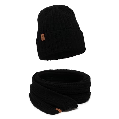 ELIMELI Damen Mütze - Beanie Strickmütze für Winter und Herbst - Slouch Strick Beanie für Frauen - warme weiche Strickmütze - Cuffed Beanie Hats - Farbenauswahl (Mütze mit Schal, Schwarz) von ELIMELI