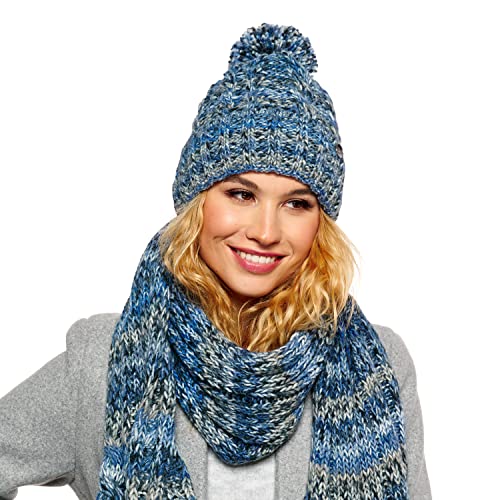 ELIMELI Damen Winter Mütze warme Strickmütze Wintermütze mit Bommel Slouch Beanie Damen für Winter Bommelmütze Hergestellt in EU Farbenauswahl 19005 (Blau - Set mit Schal) von ELIMELI