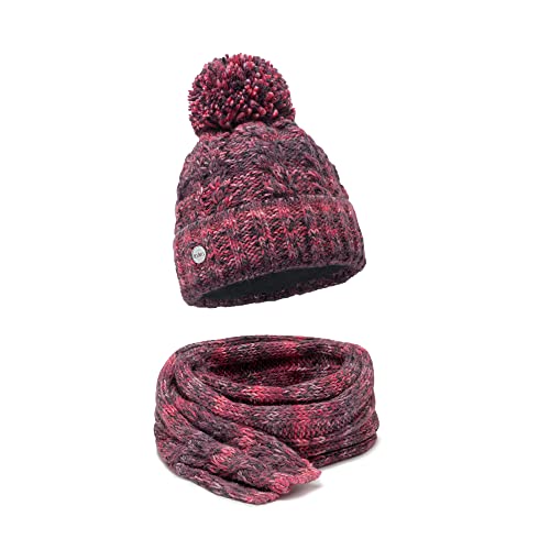 ELIMELI Damen Winter Mütze warme Strickmütze Wintermütze mit Bommel Slouch Beanie Damen für Winter Bommelmütze Hergestellt in EU Farbenauswahl 19005 (Fuchsia Multicolor - Set mit Schal) von ELIMELI