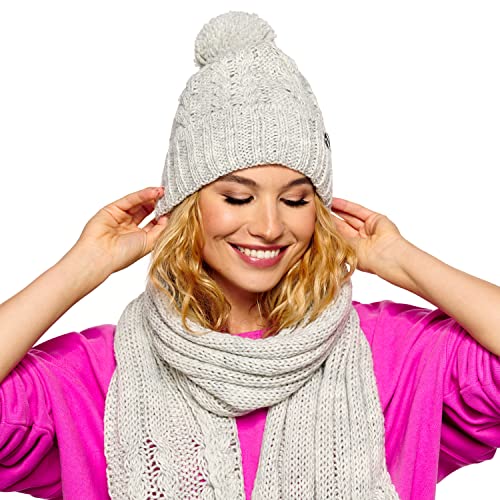 ELIMELI Damen Winter Mütze warme Strickmütze Wintermütze mit Bommel Slouch Beanie Damen für Winter Bommelmütze Hergestellt in EU Farbenauswahl 19005 (Grau - Set mit Schal) von ELIMELI