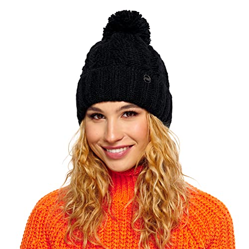 ELIMELI Damen Winter Mütze warme Strickmütze Wintermütze mit Bommel Slouch Beanie Damen für Winter Bommelmütze Hergestellt in EU Farbenauswahl 19005 (Schwarz) von ELIMELI