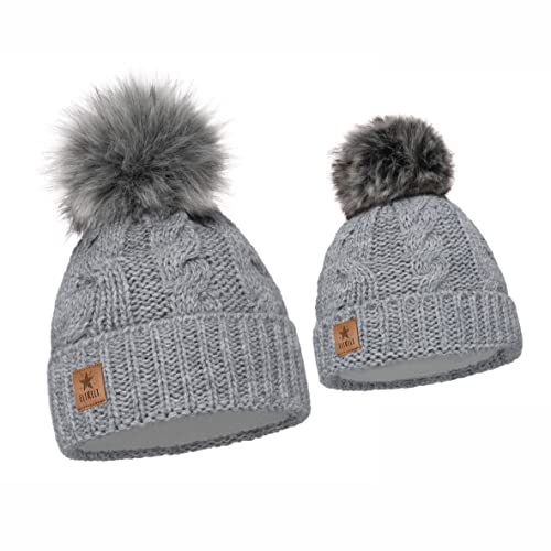 ELIMELI Eltern-Kind Mütze Mädchen Warme Wintermütze für Mutter und Tochter Mütze Damen Winter mit Kunstfell Bommel Slouch Strick Beanie Damen Bommelmütze Kinder Mama und Baby Cap Set 1 (Grau) von ELIMELI