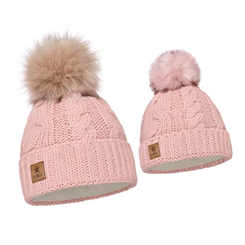 ELIMELI Eltern-Kind Mütze Mädchen Warme Wintermütze für Mutter und Tochter Mütze Damen Winter mit Kunstfell Bommel Slouch Strick Beanie Damen Bommelmütze Kinder Mama und Baby Cap Set 1 (Rosa) von ELIMELI