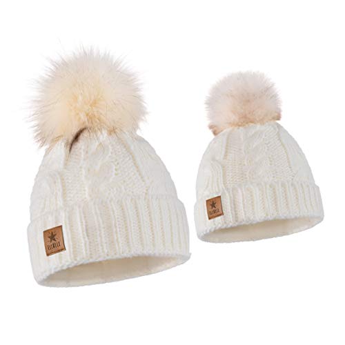 ELIMELI Eltern-Kind Mütze Mädchen Warme Wintermütze für Mutter und Tochter Mütze Damen Winter mit Kunstfell Bommel Slouch Strick Beanie Damen Bommelmütze Kinder Mama und Baby Cap Set 1 (Weiß) von ELIMELI