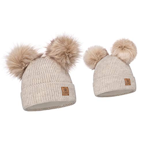 ELIMELI Eltern-Kind Mütze Mädchen Warme Wintermütze für Mutter und Tochter Mütze Damen Winter mit Zwei Bommeln Slouch Strick Beanie Damen Bommelmütze Kinder Mama und Baby Cap Set 3 (Beige) von ELIMELI