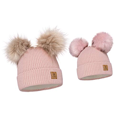 ELIMELI Eltern-Kind Mütze Mädchen Warme Wintermütze für Mutter und Tochter Mütze Damen Winter mit Zwei Bommeln Slouch Strick Beanie Damen Bommelmütze Kinder Mama und Baby Cap Set 3 (Rosa) von ELIMELI