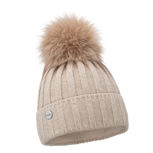 ELIMELI Kaschmir Mütze Damen Winter warme Strickmütze Wollmütze mit Kaschmir Wintermütze mit Kunstfell Bommel Slouch Strick Beanie Damen für Winter Bommelmütze Hergestellt in EU (Beige) von ELIMELI