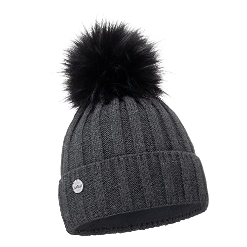 ELIMELI Kaschmir Mütze Damen Winter warme Strickmütze Wollmütze mit Kaschmir Wintermütze mit Kunstfell Bommel Slouch Strick Beanie Damen für Winter Bommelmütze Hergestellt in EU (Dunkelgrau) von ELIMELI