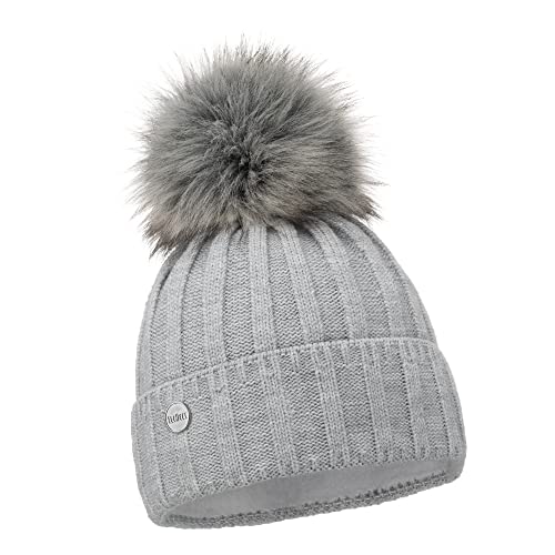 ELIMELI Kaschmir Mütze Damen Winter warme Strickmütze Wollmütze mit Kaschmir Wintermütze mit Kunstfell Bommel Slouch Strick Beanie Damen für Winter Bommelmütze Hergestellt in EU (Grau) von ELIMELI