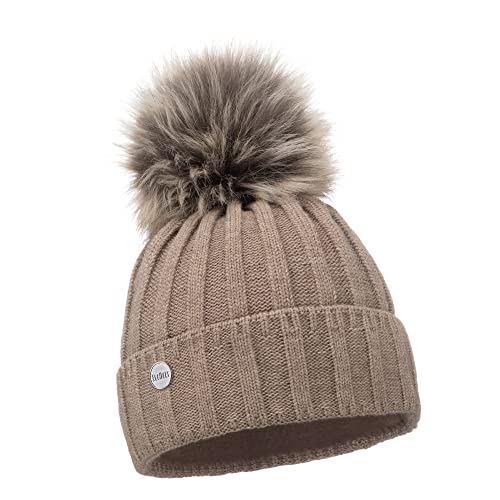 ELIMELI Kaschmir Mütze Damen Winter warme Strickmütze Wollmütze mit Kaschmir Wintermütze mit Kunstfell Bommel Slouch Strick Beanie Damen für Winter Bommelmütze Hergestellt in EU (Hellbraun) von ELIMELI