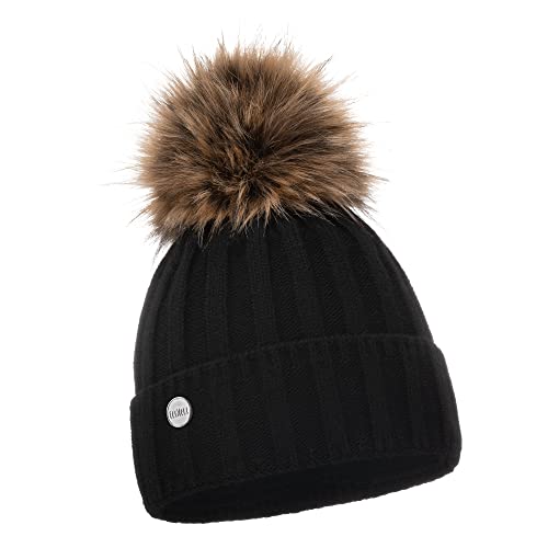 ELIMELI Kaschmir Mütze Damen Winter warme Strickmütze Wollmütze mit Kaschmir Wintermütze mit Kunstfell Bommel Slouch Strick Beanie Damen für Winter Bommelmütze Hergestellt in EU (Schwarz) von ELIMELI