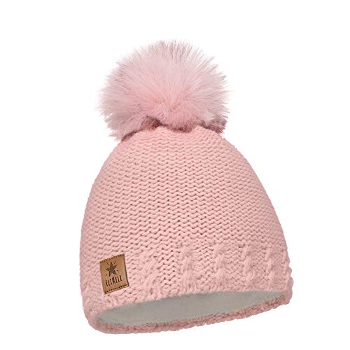 ELIMELI Kinder Mütze für Mädchen warme gestrickte Wintermütze mit Kunstfell Bommel Perfekt Beanie für Winter und Herbst 17200 (Rosa) von ELIMELI