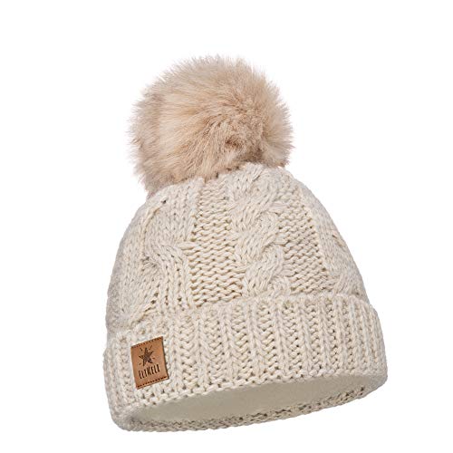 ELIMELI Kinder Mütze für Mädchen warme gestrickte Wintermütze mit Kunstfell Bommel Perfekt Beanie für Winter und Herbst 17208 (Beige) von ELIMELI