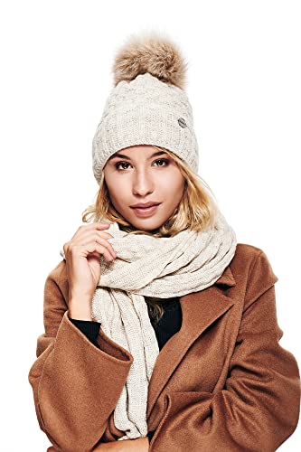 ELIMELI Mütze und Schal Damen Winter warme Strickmütze Wintermütze Damen mit Bommel Winterset Strick Beanie Damen für Winter Mütze Schal Set Damen (Beige - Set mit Schal) von ELIMELI