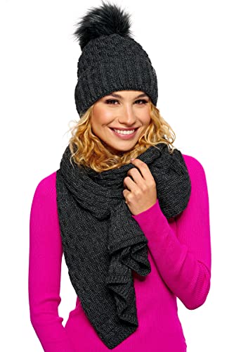 ELIMELI Mütze und Schal Set Damen Winter - Warme Strickmütze mit Bommel, Winterset Strick Beanie für Winter (Dunkelgrau - Set mit Schal) von ELIMELI