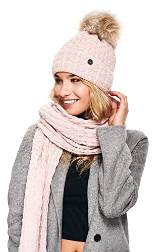 ELIMELI Mütze und Schal Damen Winter warme Strickmütze Wintermütze Damen mit Bommel Winterset Strick Beanie Damen für Winter Mütze Schal Set Damen (Rosa - Set mit Schal) von ELIMELI