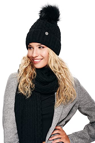 ELIMELI Mütze und Schal Damen Winter warme Strickmütze Wintermütze Damen mit Bommel Winterset Strick Beanie Damen für Winter Mütze Schal Set Damen (Schwarz - Set mit Schal) von ELIMELI