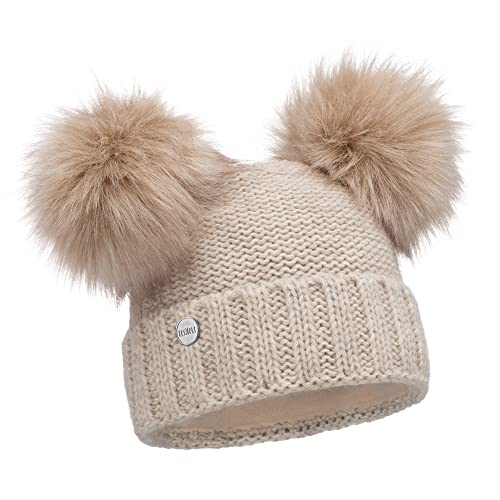 ELIMELI Winter Damen Mütze mit Zwei Bommeln - warme Wintermütze mit kunstfell Bommel - Slouch Beanie Damen - Bommelmütze für Damen - Fleece gefütterte Damenmütze (Beige) von ELIMELI