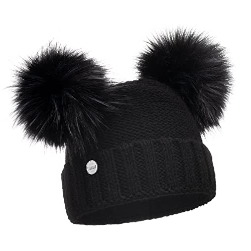 ELIMELI Winter Damen Mütze mit Zwei Bommeln - warme Wintermütze mit kunstfell Bommel - Slouch Beanie Damen - Bommelmütze für Damen - Fleece gefütterte Damenmütze (Schwarz) von ELIMELI