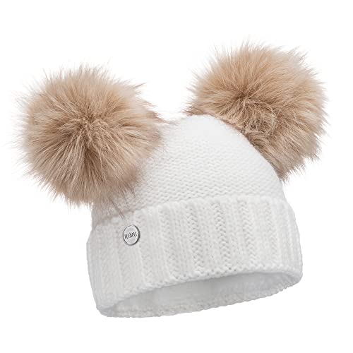 ELIMELI Winter Damen Mütze mit Zwei Bommeln - warme Wintermütze mit kunstfell Bommel - Slouch Beanie Damen - Bommelmütze für Damen - Fleece gefütterte Damenmütze (Weiß) von ELIMELI