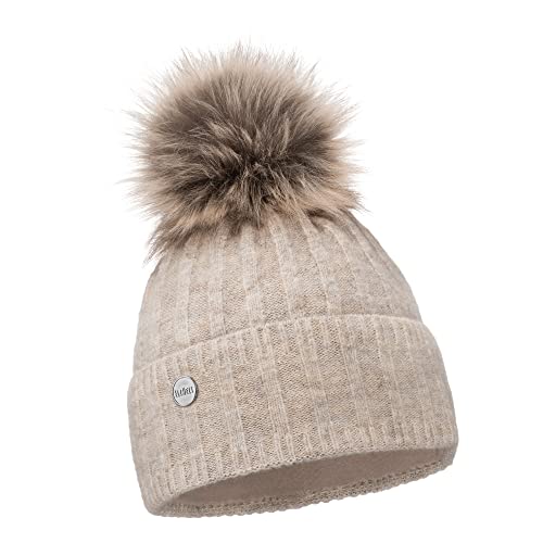 ELIMELI Winter Mütze Damenmütze mit Fell-Bommel - warme Damen Bommelmütze Strickmütze - Wintermütze mit Kunstfell Bommel - Slouch Strick Beanie Made in EU (Beige) von ELIMELI