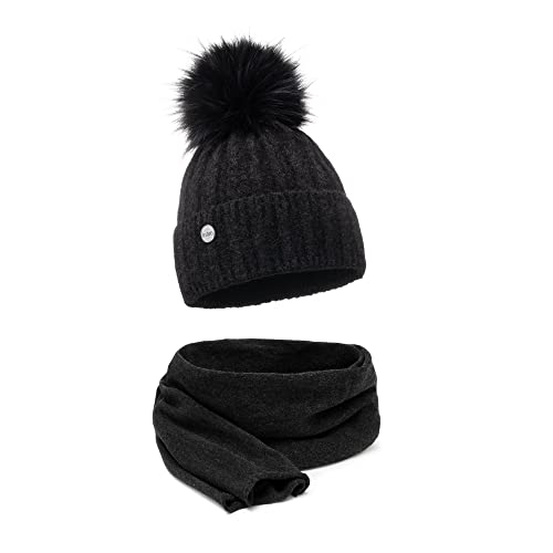 ELIMELI Winter Mütze Damenmütze mit Fell-Bommel - warme Damen Bommelmütze Strickmütze - Wintermütze mit Kunstfell Bommel - Slouch Strick Beanie Made in EU (Dunkelgrau - Mütze mit Schal) von ELIMELI