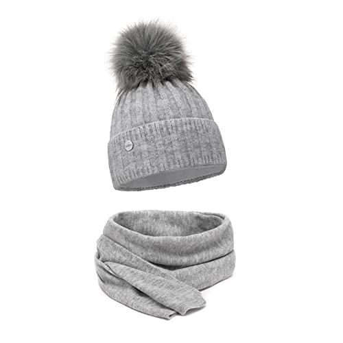 ELIMELI Winter Mütze Damenmütze mit Fell-Bommel - warme Damen Bommelmütze Strickmütze - Wintermütze mit Kunstfell Bommel - Slouch Strick Beanie Made in EU (Grau - Mütze mit Schal) von ELIMELI