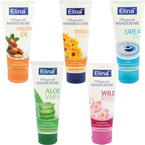 ELINAmed Handcreme Set, 5 Sorten - Argan Öl, Ringelblume, Urea 3%, Aloe Vera, Wild Rose, 5x75 ml ELINAmed Handcreme Set, 5 Sorten - Argan Öl, Ringelblume, Urea 3%, Aloe Vera, Wild Rose, 5x75 ml von ELINAmed