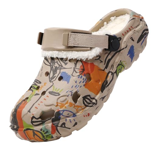Damen Herren Hausschuhe Winter Warme Clogs - Slip-On Gefüttert Pantoffeln Weihnachten Winter Gartenclogs rutschfeste Weiche Sandalen mit Faux Pelz für drinnen und draußen Khaki 41 von ELIOGN