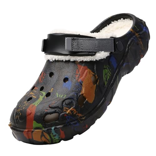Damen Herren Hausschuhe Winter Warme Clogs - Slip-On Gefüttert Pantoffeln Weihnachten Winter Gartenclogs rutschfeste Weiche Sandalen mit Faux Pelz für drinnen und draußen Schwarz 37 von ELIOGN