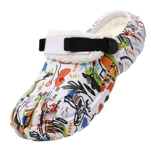 Damen Herren Hausschuhe Winter Warme Clogs - Slip-On Gefüttert Pantoffeln Weihnachten Winter Gartenclogs rutschfeste Weiche Sandalen mit Faux Pelz für drinnen und draußen Weiß 37 von ELIOGN