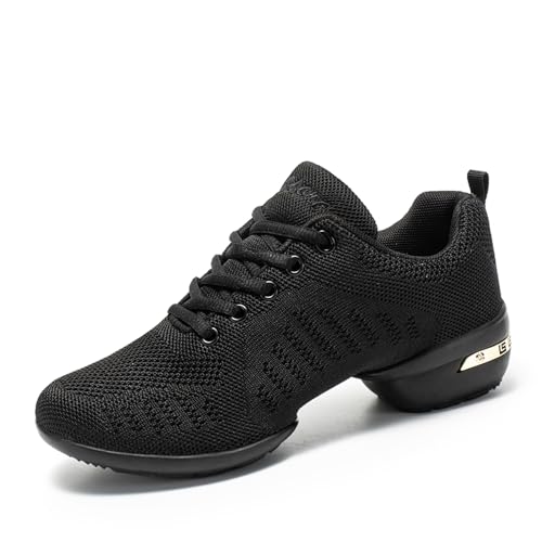 Damen Tanzschuhe Jazz-Schuhe Lace Up Tanzsneaker Leicht Atmungsaktiv Sportschuhe Line Dance Schuhe für Frauen Geteilte Sohlen Tanzschuhe für Sport Walking Sportschuhe Tanzen Fitness Yoga Schwarz 39 von ELIOGN
