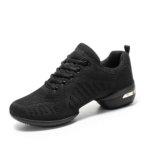 Damen Tanzschuhe Jazz-Schuhe Lace Up Tanzsneaker Leicht Atmungsaktiv Sportschuhe Line Dance Schuhe für Frauen Geteilte Sohlen Tanzschuhe für Sport Walking Sportschuhe Tanzen Fitness Yoga Schwarz 40 von ELIOGN