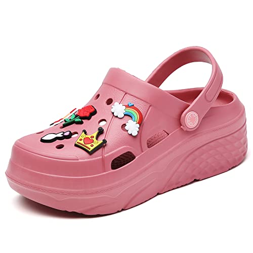 ELIOGN Damen Gardener Plattform Clogs Hausschuhe Leicht Pantoletten Slip On Slides Schuhe Atmungsaktiv Strand Sandalen Gartenschuhe Outdoor Walking Schuhe Abnehmbar Wunderschön Charms Rot 38 von ELIOGN