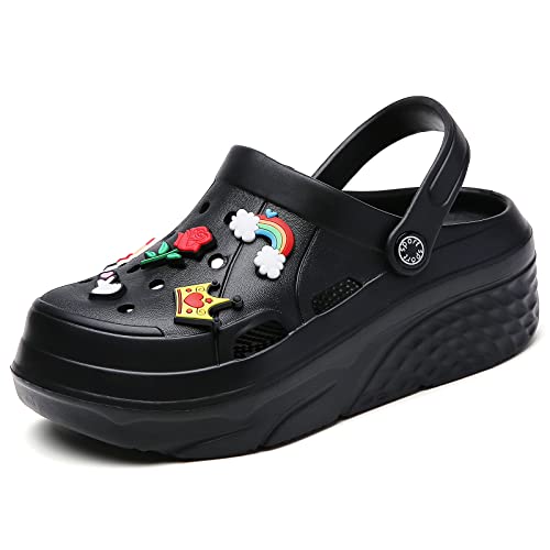 ELIOGN Damen Gardener Plattform Clogs Hausschuhe Leicht Pantoletten Slip On Slides Schuhe Atmungsaktiv Strand Sandalen Gartenschuhe Outdoor Walking Schuhe Abnehmbar Wunderschön Charms New Schwarz 39 ELIOGN Damen Gardener Plattform Clogs Hausschuhe Leicht Pantoletten Slip On Slides Schuhe Atmungsaktiv Strand Sandalen Gartenschuhe Outdoor Walking Schuhe Abnehmbar Wunderschön Charms New Schwarz 39 von ELIOGN