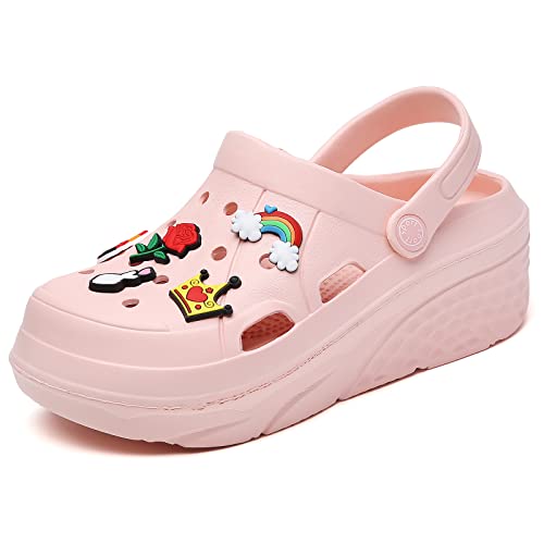 ELIOGN Damen Gardener Plattform Clogs Hausschuhe Leicht Pantoletten Slip On Slides Schuhe Atmungsaktiv Strand Sandalen Gartenschuhe Outdoor Walking Schuhe Abnehmbar Wunderschön Charms Rosa 37 von ELIOGN