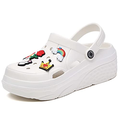 ELIOGN Damen Gardener Plattform Clogs Hausschuhe Leicht Pantoletten Slip On Slides Schuhe Atmungsaktiv Strand Sandalen Gartenschuhe Outdoor Walking Schuhe Abnehmbar Wunderschön New Charms Weiß 42 von ELIOGN