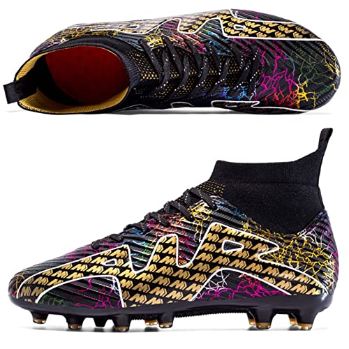 ELIOGN Herren Jungen Fußballschuhe High Top Spikes Cleats Jugendliche Athletics Trainingsschuhe Professionelle Football Schuhe Teenager Erwachsene Outdoor Football Turnschuhe Schwarz Gold 38 von ELIOGN