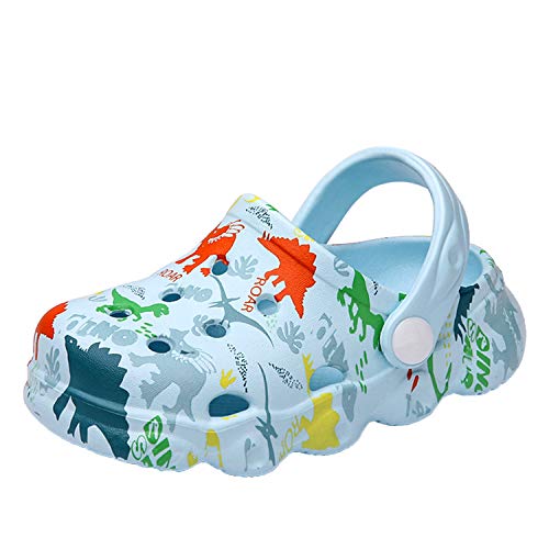 ELIOGN Kinder Clogs Unisex Pantoletten Dinosaurier Jungen Mädchen Gartenschuhe Gummi Badeschuhe Hausschuhe Gr.24-29 EU Sky Blue 26EU von ELIOGN