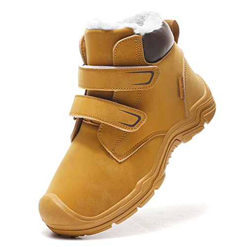 ELIOGN Winterschuhe Jungen, Winterstiefel Mädchen, Kinder Herbstschuhe Warmfutter Schneestiefel Wanderschuhe Trekking Snowboots Mit Klettverschluss Baumwollschuhe Gelb 31 von ELIOGN